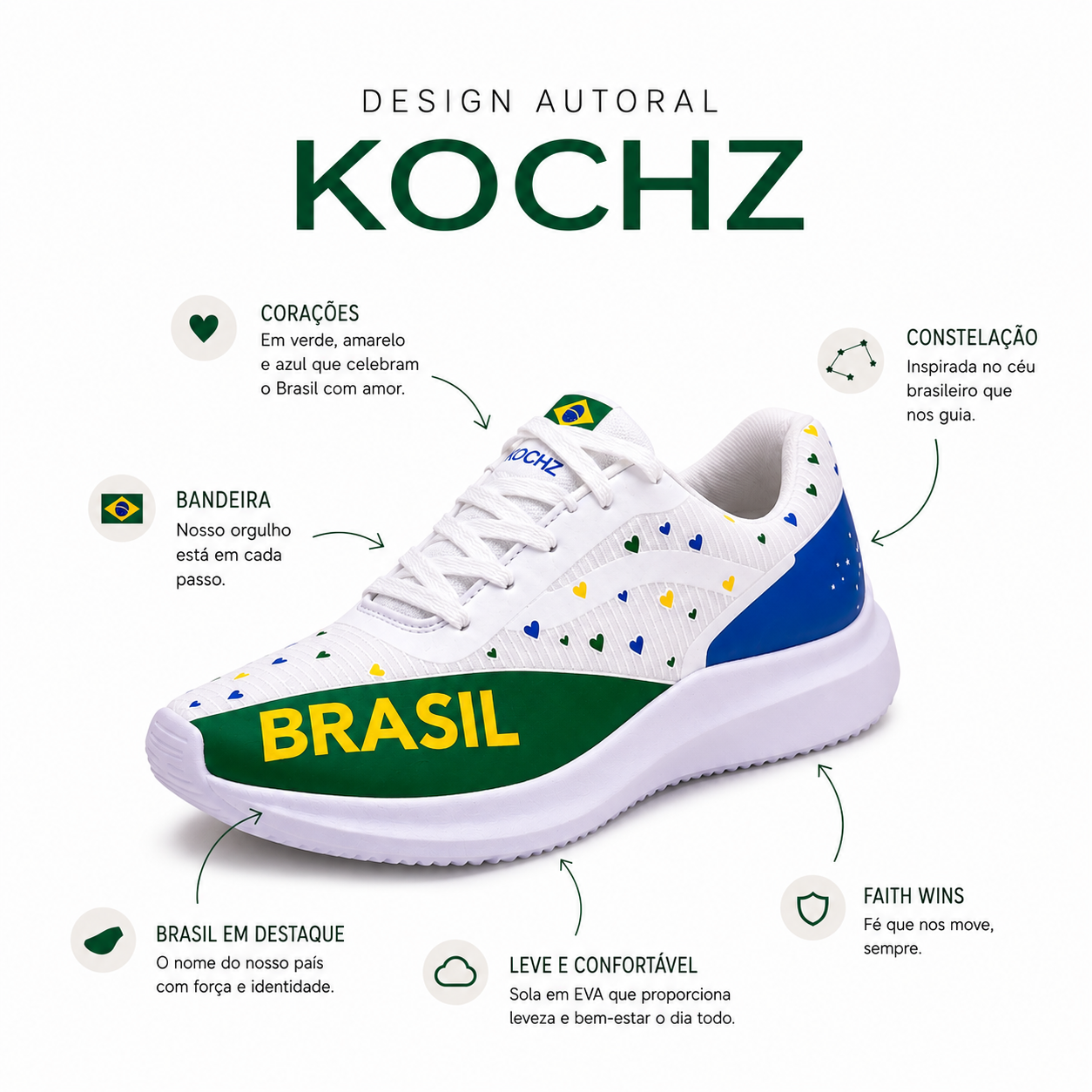 Tênis Feminino Casual KOCHZ Aura Brasil | Design Autoral Exclusivo | Confortável, Leve e Estiloso | Palmilha Rosa Exclusiva