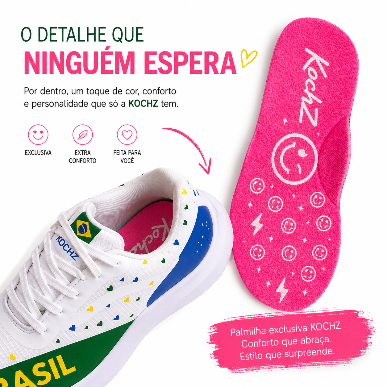 Tênis Feminino Casual KOCHZ Aura Brasil | Design Autoral Exclusivo | Confortável, Leve e Estiloso | Palmilha Rosa Exclusiva