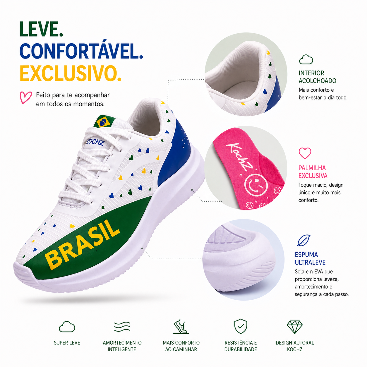 Tênis Feminino Casual KOCHZ Aura Brasil | Design Autoral Exclusivo | Confortável, Leve e Estiloso | Palmilha Rosa Exclusiva